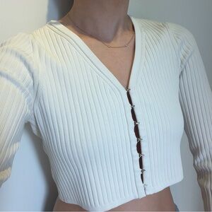 T by Alexander Wang Rare White Ribbed Cropped Hook-Front Cardigan